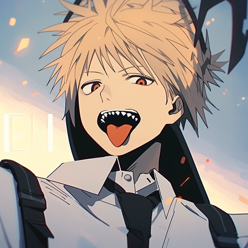 Denji, a character with spiky hair and red eyes, in a stylized portrait.