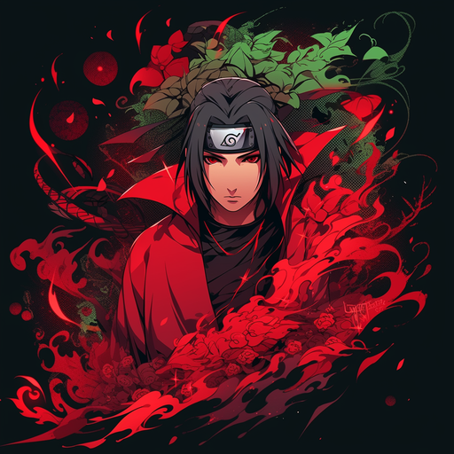 Itachi Uchiha pfp with red and green colors.