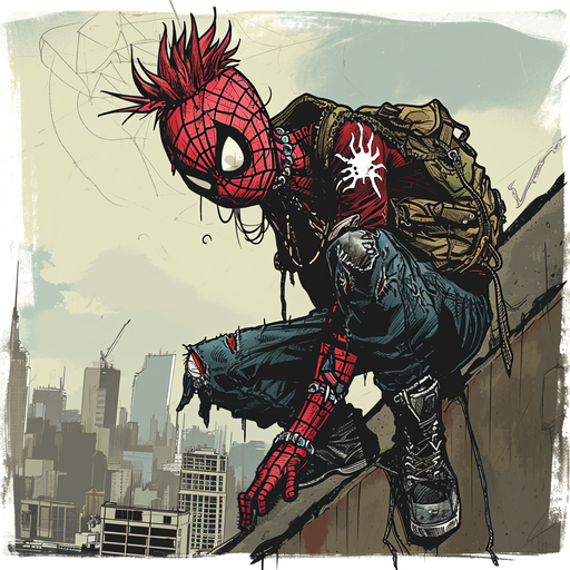 Spider-Punk in comic book style, wearing a punk outfit.