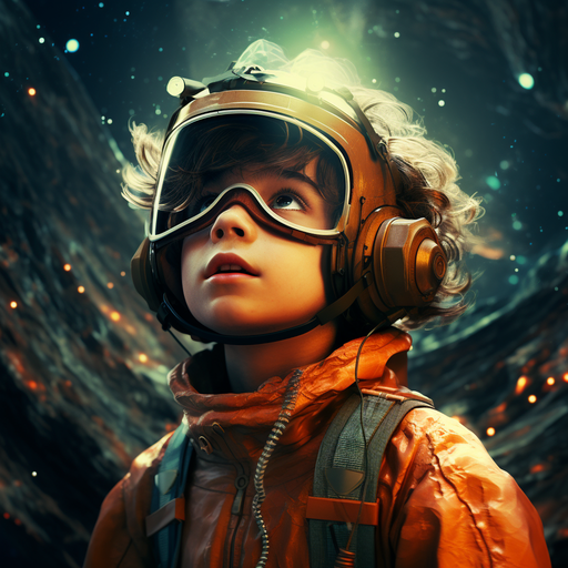 Retro sci-fi inspired portrait of a boy with vibrant colors and futuristic flare.