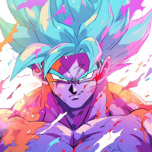 Powerful, blue-haired warrior from Dragon Ball Z series, Goku in Vegito form.