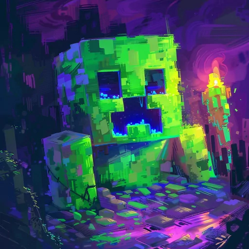 Colorful artistic rendition of a Minecraft Creeper avatar with a vibrant neon cityscape background, suitable for a profile picture or gaming avatar.