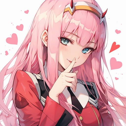 Anime character with pink hair, smiling and looking flirtatiously, representing Zero Two from Darling in the Franxx.