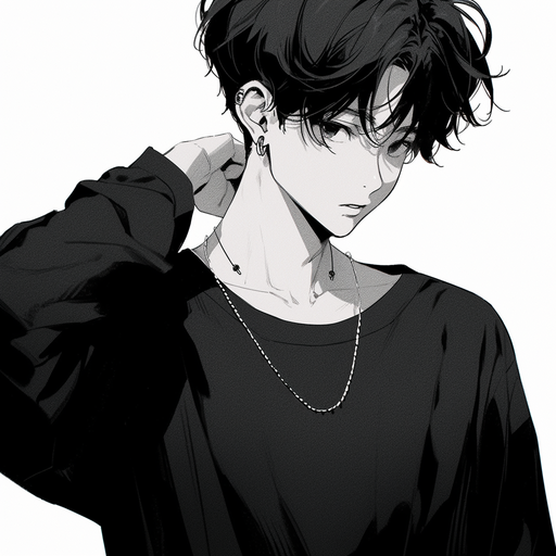 Monochrome anime-style portrait of a trendy male character with a futuristic aesthetic.