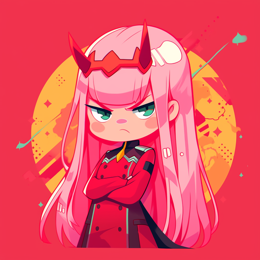 Zero Two, a character from Darling in the Franxx anime, in a chibi anime style.