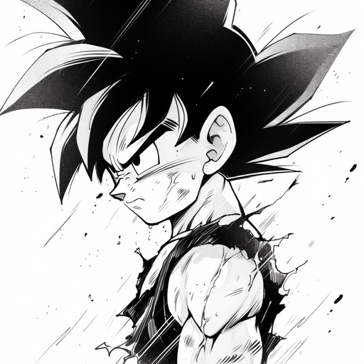 Black and white illustration of Goku from Dragon Ball Z manga.