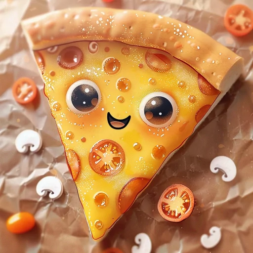 Cute animated pizza slice avatar with smiling face surrounded by toppings on a rustic background.