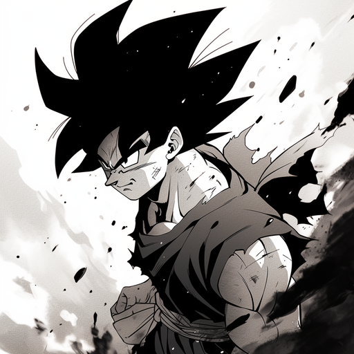 Goku in detailed black and white, reminiscent of Dragon Ball Z manga.