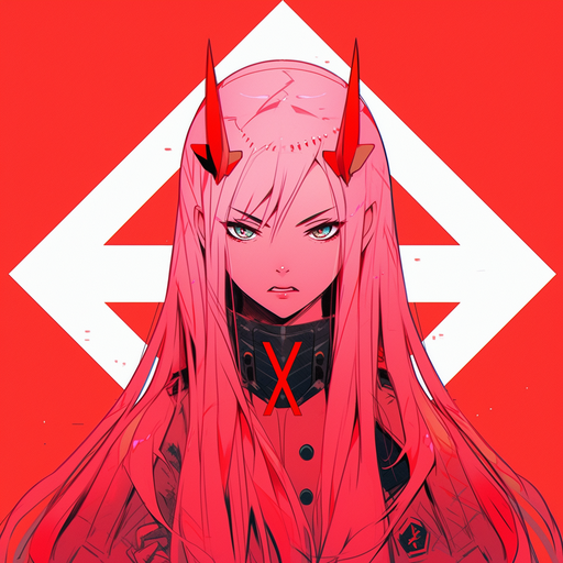 Zero Two from Darling in the Franxx, portrayed in a colorful pop art style.