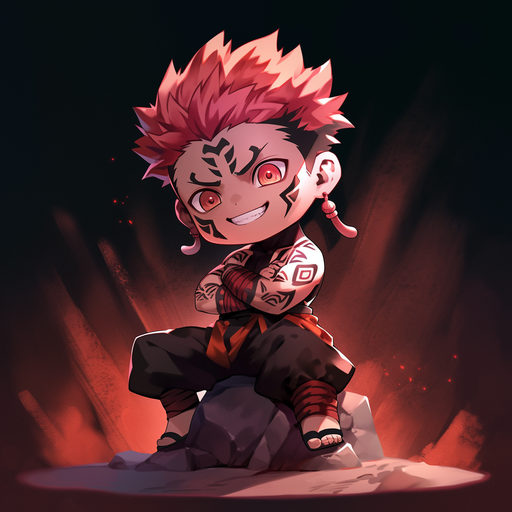 Sukuna, a chibi character from Jujutsu Kaisen, with a playful expression.