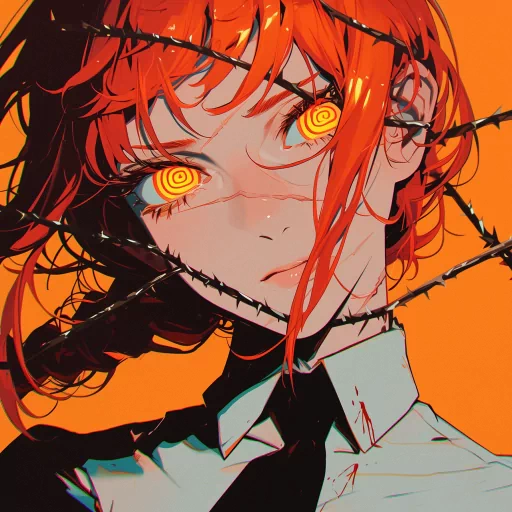 Stylized avatar of anime character with striking orange eyes and red hair against a vibrant orange background, ideal for a profile photo or PFP.
