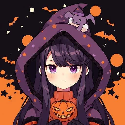 Komi wearing a Halloween costume with a playful expression.