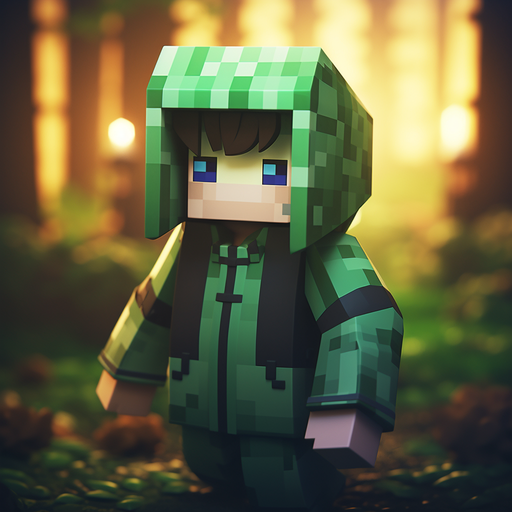 Minecraft character with green blocky head and pixelated body holding a pickaxe.