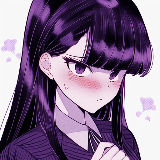 A smiling anime character with purple hair wearing a school uniform, representing Komi from the manga Komi Can't Communicate.