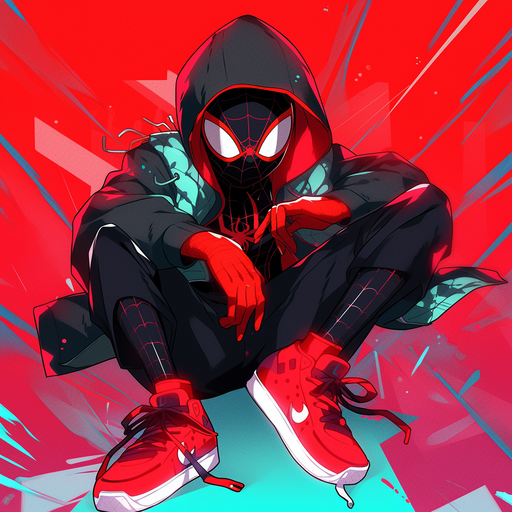 Miles Morales in action, wearing a vibrant suit and striking a dynamic pose.