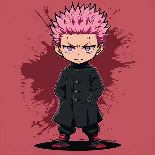 Animated character avatar with spiky pink hair and determined expression on a red background for a profile picture.