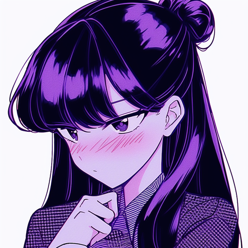 Komi with silver hair, purple eyes, and shy smile in a simple anime-style portrait.