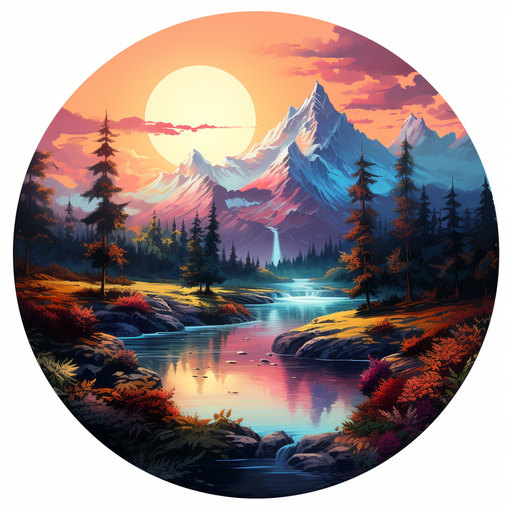 Colorful abstract circle with various landscapes blending together.