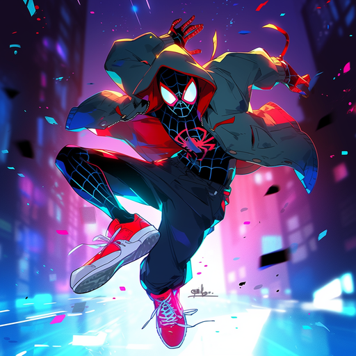 Miles Morales in dynamic action pose, donning his signature black and red Spider-Man suit.