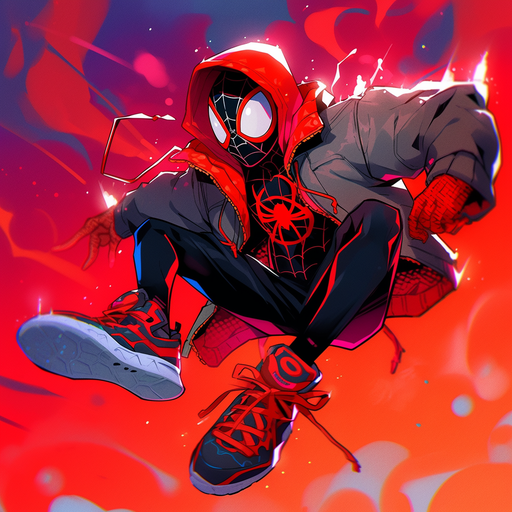 Miles Morales, a superhero wearing a black and red costume, brimming with energy and ready for action.