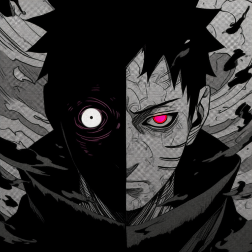 Obito Uchiha, a character from Naruto, in a black and white manga-style portrait.
