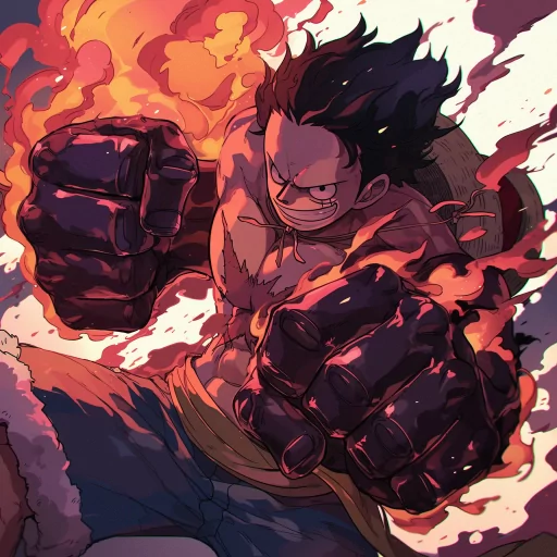 Dynamic Luffy profile picture with fiery background, from the anime series, showcasing an intense fighting pose.