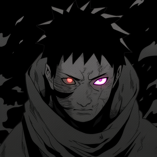Obito Uchiha in black and white, Naruto anime style.