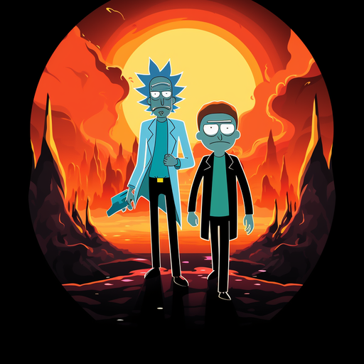 Minimalist vector art of Rick and Morty characters.