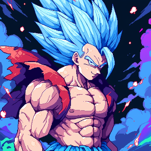 8-bit depiction of Gogeta, a powerful character from Dragon Ball Super, in Super Saiyan form.