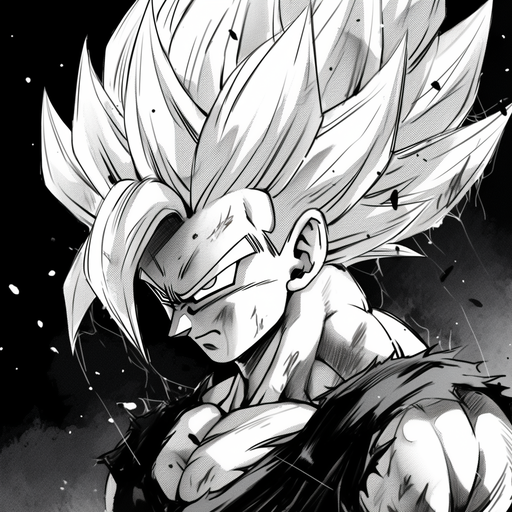 Gogeta, Dragon Ball Z character, manga style in black and white.