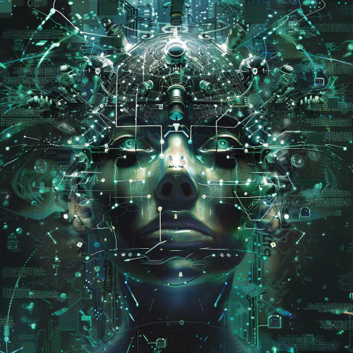 A futuristic, sci-fi themed avatar of a human with circuitry and glowing elements integrated into their face and head.