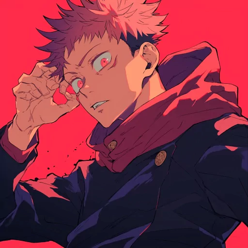 Stylized avatar of an anime character with spiky hair and red eyes against a vibrant red background for a profile picture.