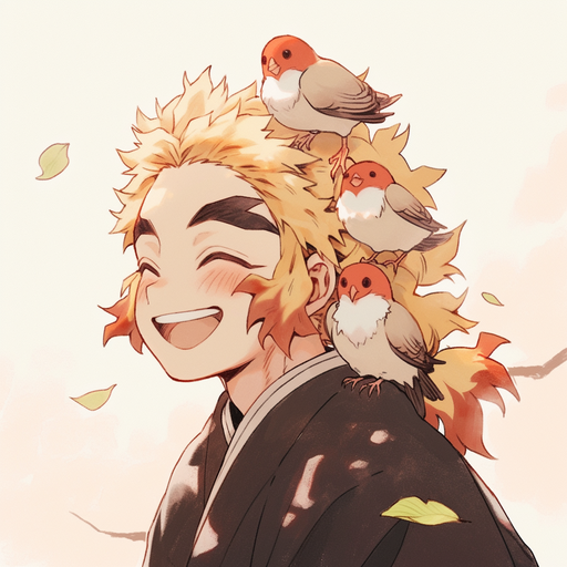 Rengoku, the Demon Slayer, with a sparrow on his shoulder, looking cute and happy.