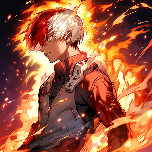 Shoto Todoroki from My Hero Academia with fiery hair against a sun background.