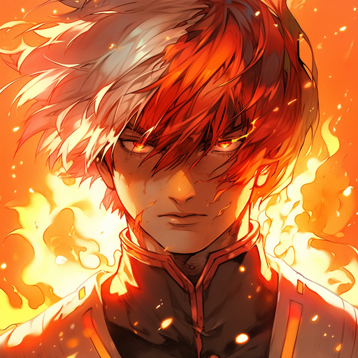 Shoto Todoroki from My Hero Academia with fiery sun background, showcasing epic hair.