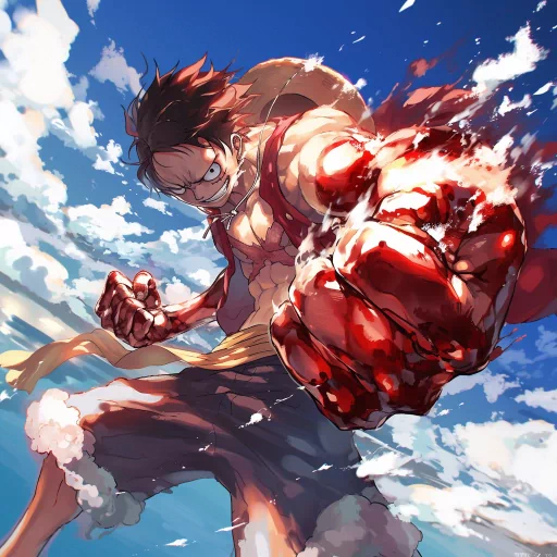 Animated profile picture of a dynamic and muscular character with a fiery aura set against a blue sky, ideal for a Luffy-themed avatar.