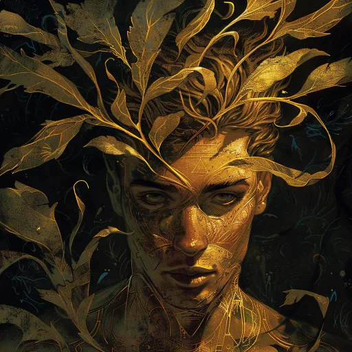 An artistic depiction of a man's face with golden accents, surrounded by intricate leafy patterns, creating a mystical and ethereal vibe.