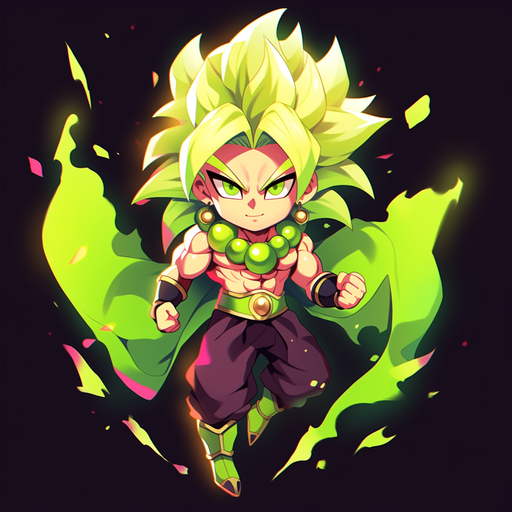 Chibi Broly with fiery aura and tough expression.