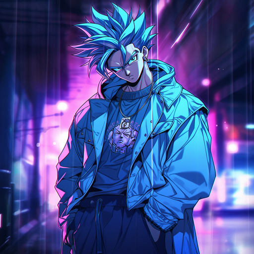 Cyberpunk-style Vegito wearing Nike clothes from Dragon Ball Super.