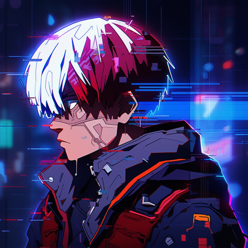 Cyberpunk-style depiction of Shoto Todoroki from My Hero Academia anime.