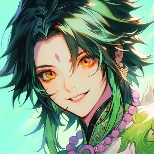 Smiling Xiao with vibrant green hair.