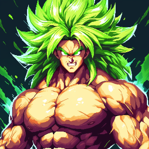 Pixel art portrait of Broly, a muscular character with spiky green hair, wearing a Saiyan armor.