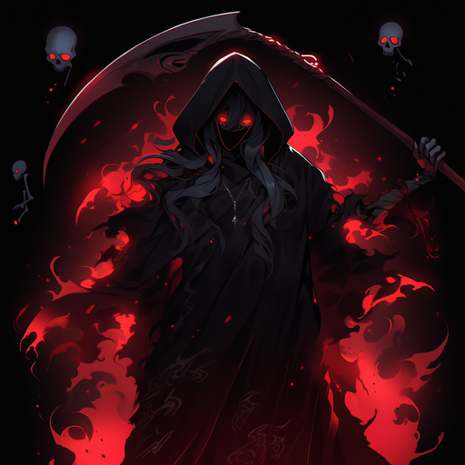 Grim reaper holding a scythe, surrounded by darkness.