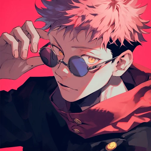 Stylized Yuji-inspired avatar image featuring a character with pink hair and sunglasses set against a vibrant red background for use as a profile picture.