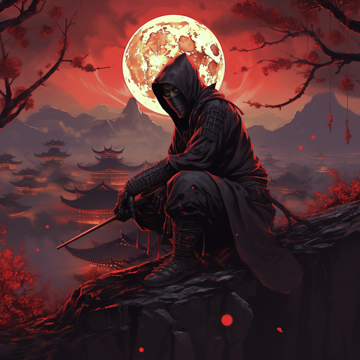 Silhouette of a Japanese ninja in a dark and iconic pose.