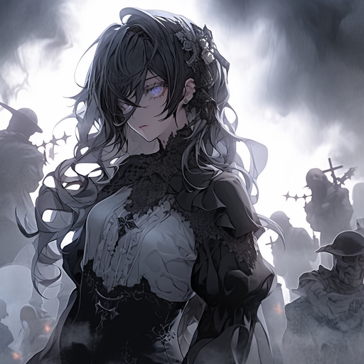 Gothic anime girl in mist with haunting shadows