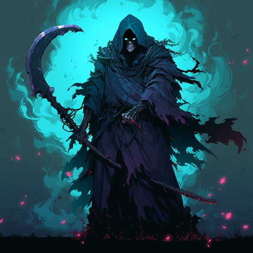 Sinister figure wielding a scythe in a dark and chilling profile picture.