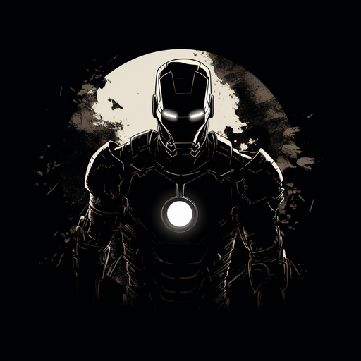 Glowing silhouetted Iron Man against a dark background, monochrome colors.