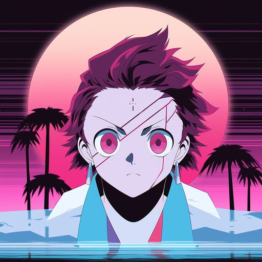 Alternative art of a demon slayer character in a retro wave style.