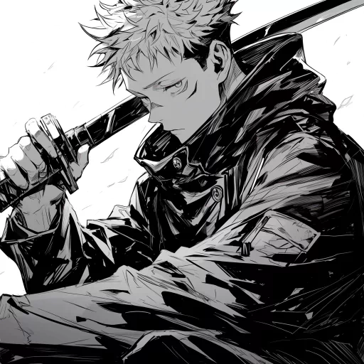 Black and white avatar of a stylized male anime character gripping a sword, suitable for use as a profile picture or avatar.